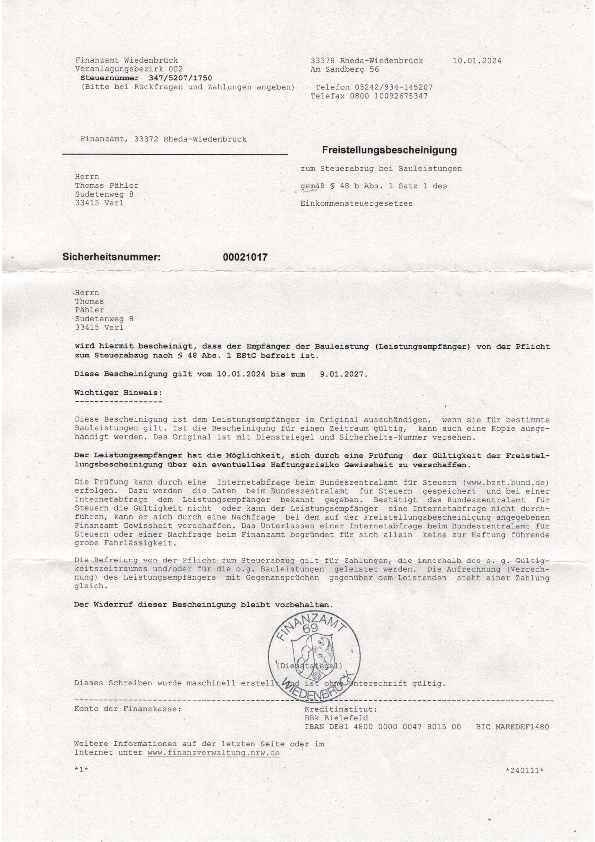 Freitstellungsbescheinigung zum Steuerabzug bei Bauleistungen