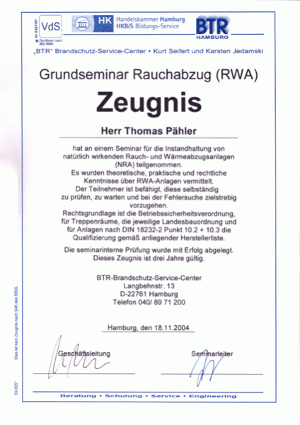 Zeugnis BTR - Grundseminar Rauchabzug (RWA)