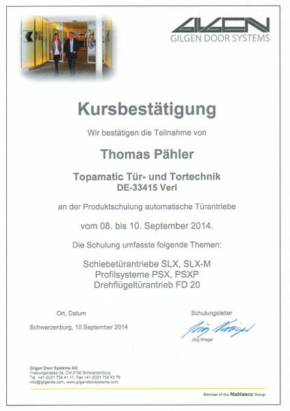 Gilgen Door Systems Schulung Tuersysteme SLX und FD 20