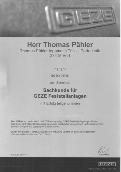 urkunde geze brandschutztueren tuertechnik 2010