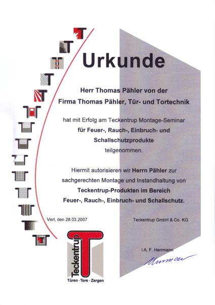 urkunde montage instandhaltung teckentrup feuerschutztueren