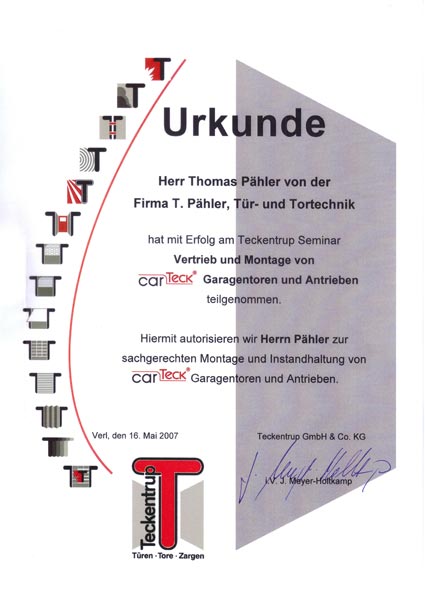 urkunde montage instandhaltung teckentrup garagentoren antrieben