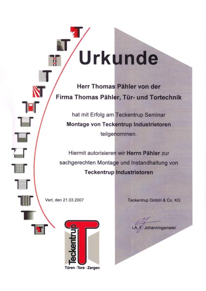 urkunde montage instandhaltung teckentrup industrietore